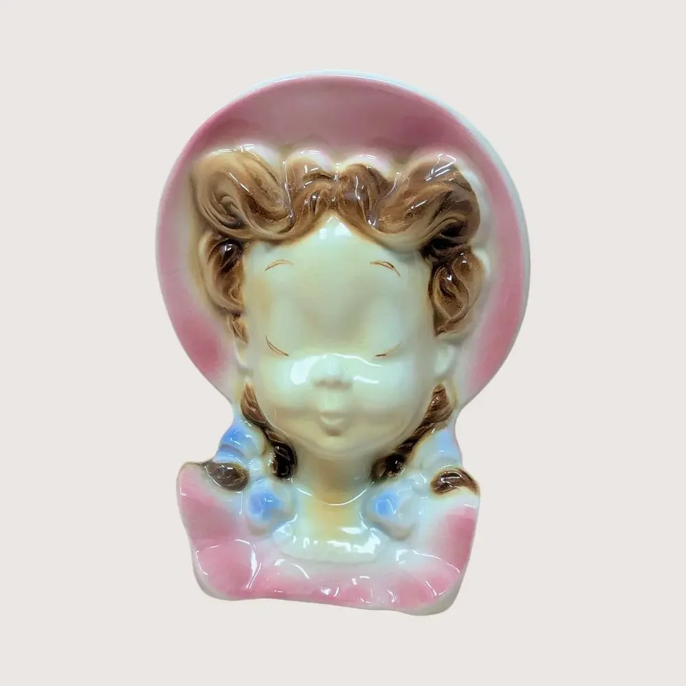1950s Royal Copley Ceramic Lady Bonnet Wall Pocket Planter Pair
